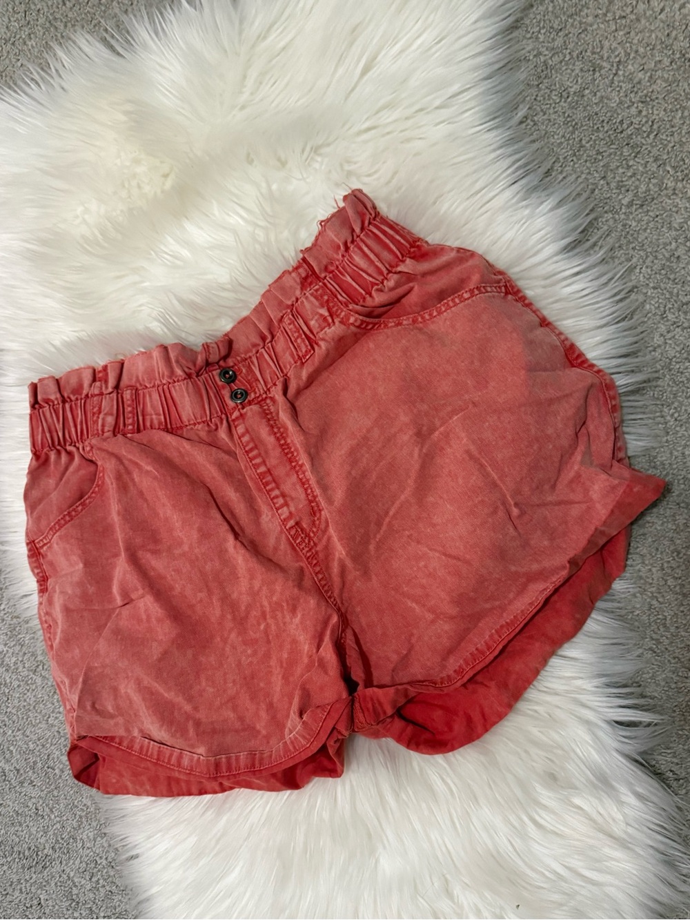 Eve Washed Coral-Red High Waist Paperbag Shorts